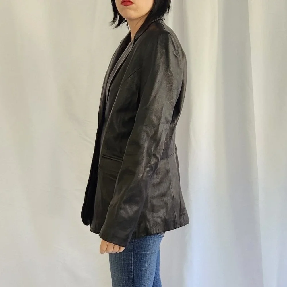 Black Leather Blazer Cut Jacket - Picture 2 of 4